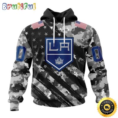 Personalized NHL Los Angeles Kings All Over Print 3D Hoodie Grey Camo Military Design And USA Flags On Shoulder Unisex Hoodie