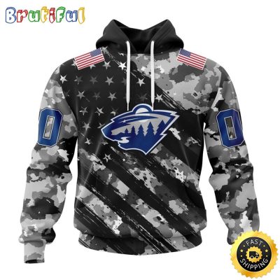Personalized NHL Minnesota Wild All Over Print 3D Hoodie Grey Camo Military Design And USA Flags On Shoulder Unisex Hoodie