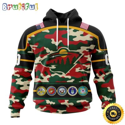 Personalized NHL Minnesota Wild With Camo Team Color And Military Force Logo All Over Print 3D Hoodie Unisex Hoodie Tshirt Sweatshirt