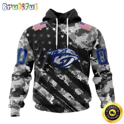 Personalized NHL Nashville Predators All Over Print 3D Hoodie Grey Camo Military Design And USA Flags On Shoulder Unisex Hoodie