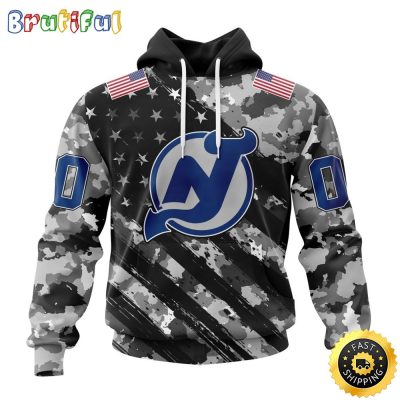 Personalized NHL New Jersey Devils All Over Print 3D Hoodie Grey Camo Military Design And USA Flags On Shoulder Unisex Hoodie