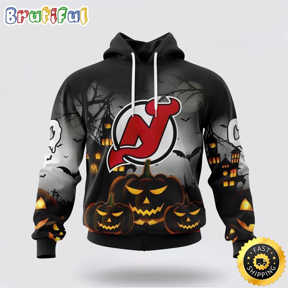 Personalized NHL New Jersey Devils All Over Print 3D Hoodie Special Design Pumpkins For Halloween