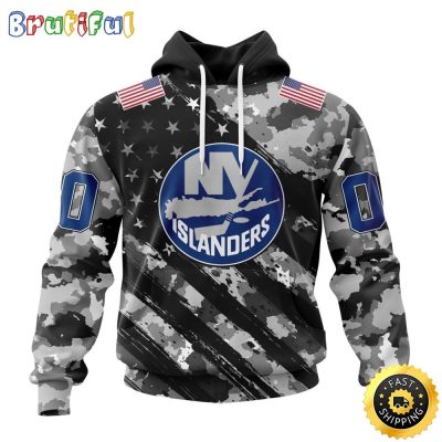 Personalized NHL New York Islanders All Over Print 3D Hoodie Grey Camo Military Design And USA Flags On Shoulder Unisex Hoodie