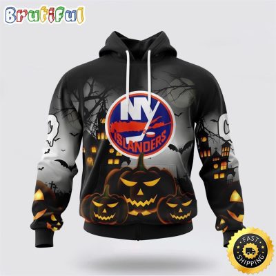 Personalized NHL New York Islanders All Over Print 3D Hoodie Special Design Pumpkins For Halloween