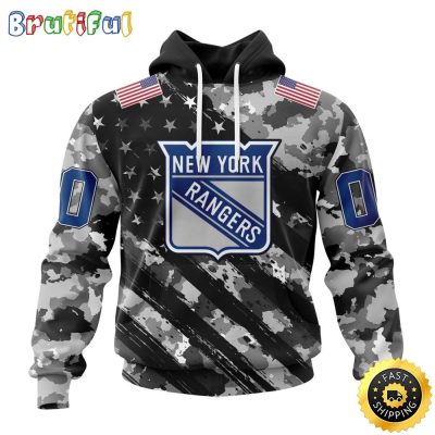 Personalized NHL New York Rangers All Over Print 3D Hoodie Grey Camo Military Design And USA Flags On Shoulder Unisex Hoodie
