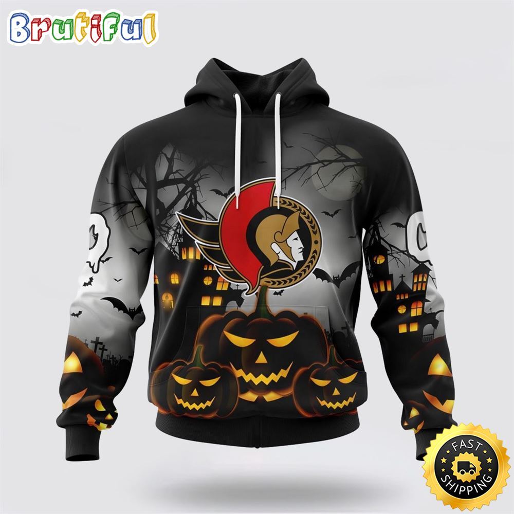 Personalized NHL Ottawa Senators All Over Print 3D Hoodie Special Design Pumpkins For Halloween