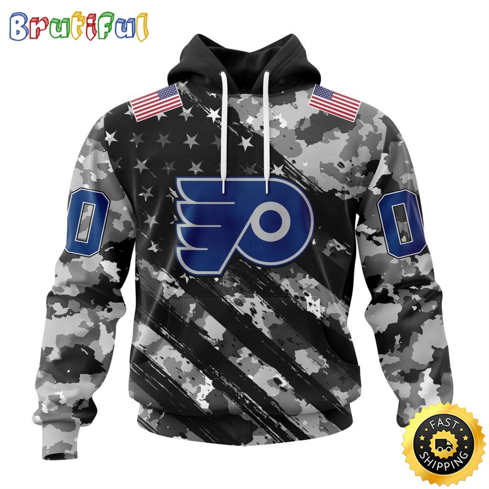 Personalized NHL Philadelphia Flyers All Over Print 3D Hoodie Grey Camo Military Design And USA Flags On Shoulder Unisex Hoodie