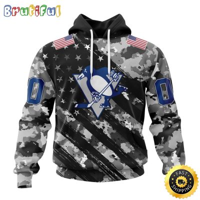 Personalized NHL Pittsburgh Penguins All Over Print 3D Hoodie Grey Camo Military Design And USA Flags On Shoulder Unisex Hoodie