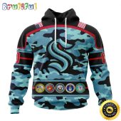 Personalized NHL Seattle Kraken With Camo Team Color And Military Force Logo All Over Print 3D Hoodie Unisex Hoodie Tshirt Sweatshirt