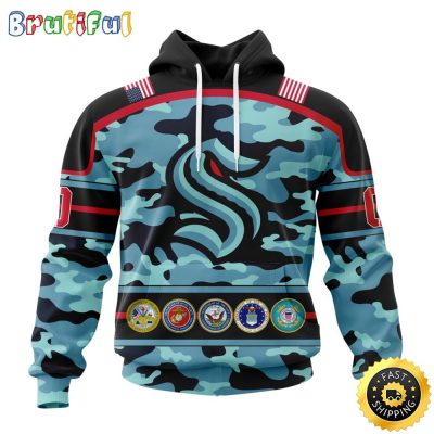 Personalized NHL Seattle Kraken With Camo Team Color And Military Force Logo All Over Print 3D Hoodie Unisex Hoodie Tshirt Sweatshirt