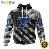 Personalized NHL St. Louis Blues All Over Print 3D Hoodie Grey Camo Military Design And USA Flags On Shoulder Unisex Hoodie