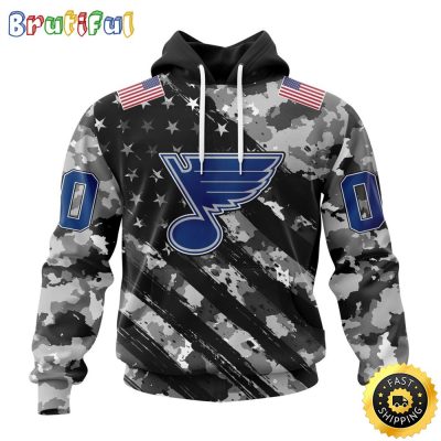 Personalized NHL St. Louis Blues All Over Print 3D Hoodie Grey Camo Military Design And USA Flags On Shoulder Unisex Hoodie