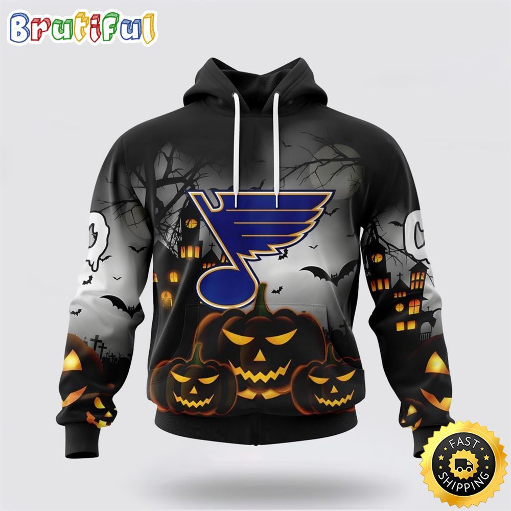 Personalized NHL St. Louis Blues All Over Print 3D Hoodie Special Design Pumpkins For Halloween
