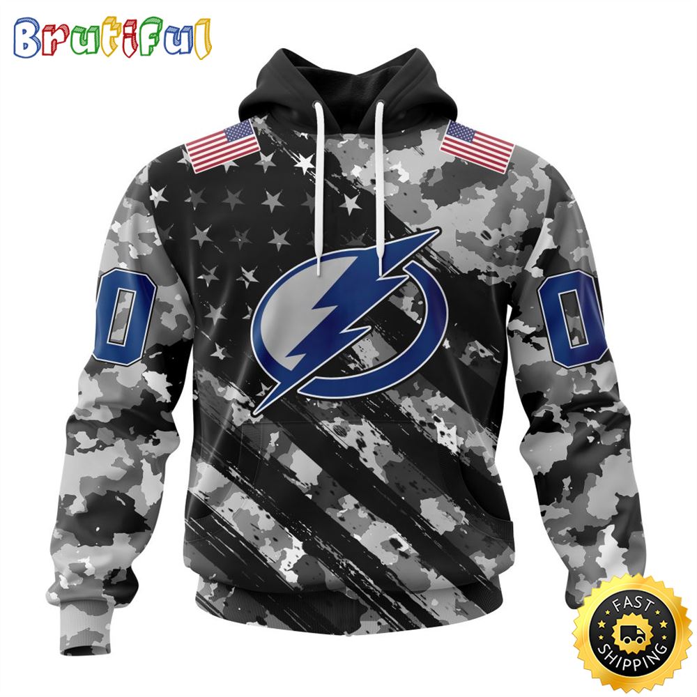 Personalized NHL Tampa Bay Lightning All Over Print 3D Hoodie Grey Camo Military Design And USA Flags On Shoulder Unisex Hoodie