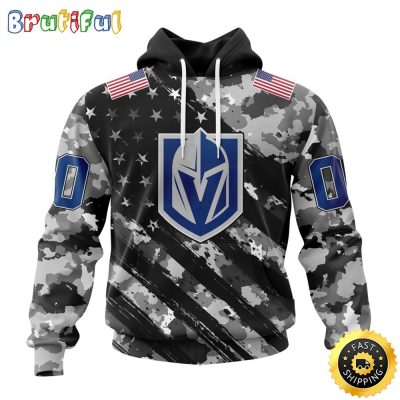 Personalized NHL Vegas Golden Knights All Over Print 3D Hoodie Grey Camo Military Design And USA Flags On Shoulder Unisex Hoodie