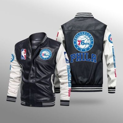 NBA Philadelphia 76ers Black White Leather Bomber Jacket