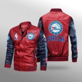 NBA Philadelphia 76ers Red Navy Blue Leather Bomber Jacket