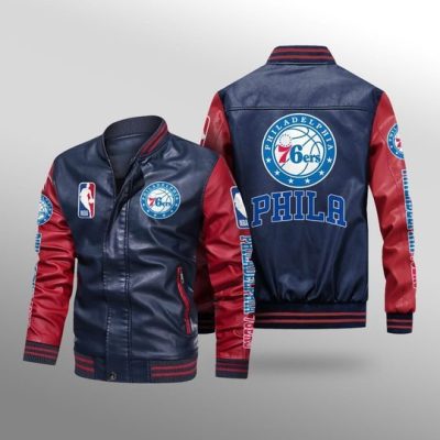 NBA Philadelphia 76ers Navy Blue Red Leather Bomber Jacket