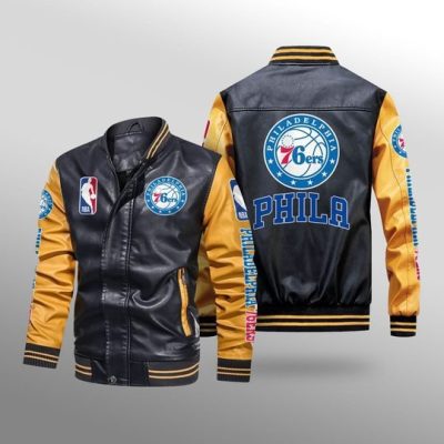 NBA Philadelphia 76ers Black Yellow Leather Bomber Jacket