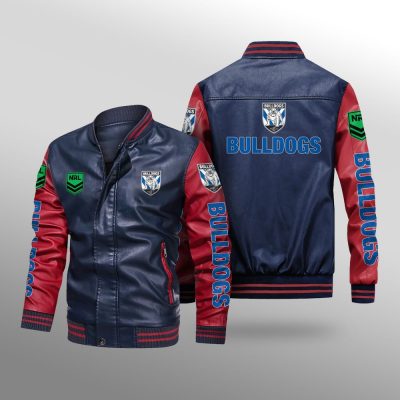 NRL Canterbury-Bankstown Bulldogs Navy Blue Red Leather Bomber Jacket