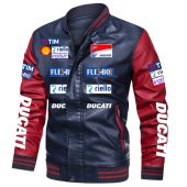 Ducati Navy Blue Red Leather Bomber Jacket