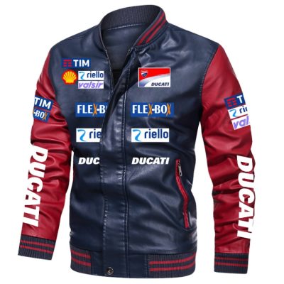 Ducati Navy Blue Red Leather Bomber Jacket