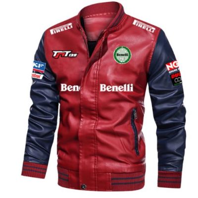 Benelli Red Navy Blue Leather Bomber Jacket Benelli Red Navy Blue Leather Bomber Jacket
