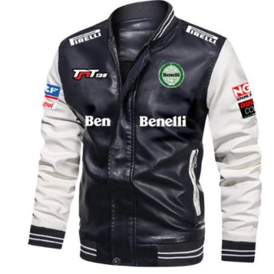 Benelli Black White Leather Bomber Jacket