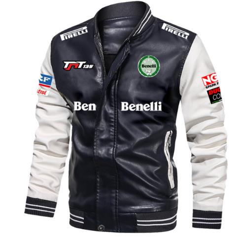 Benelli Black White Leather Bomber Jacket Benelli Black White Leather Bomber Jacket