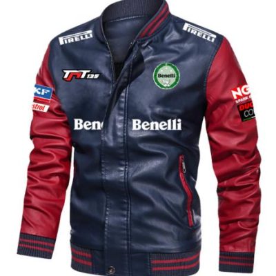 Benelli Navy Blue Red Leather Bomber Jacket Benelli Navy Blue Red Leather Bomber Jacket