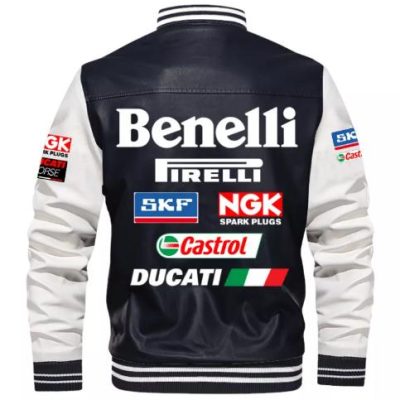 Benelli Black White Leather Bomber Jacket