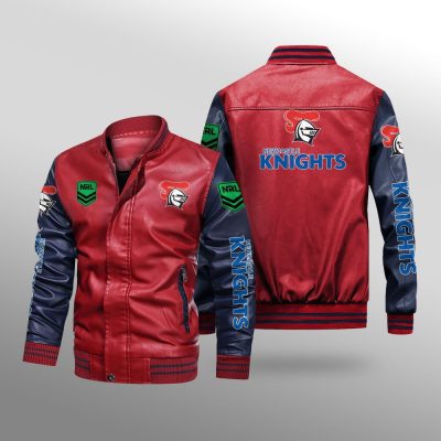 NRL Newcastle Knights Red Navy Blue Leather Bomber Jacket
