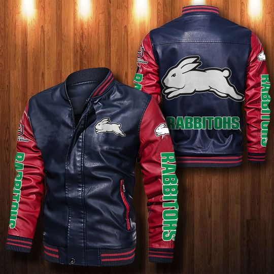 NRL South Sydney Rabbitohs Navy Blue Red Leather Bomber Jacket NRL South Sydney Rabbitohs Navy Blue Red Leather Bomber Jacket