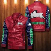 NRL South Sydney Rabbitohs Red Navy Blue Leather Bomber Jacket