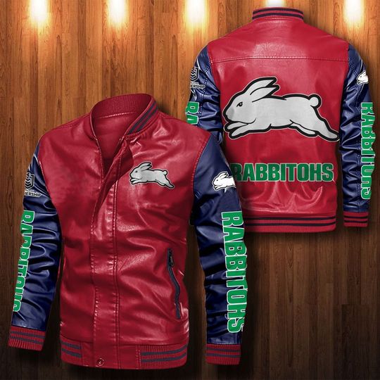 NRL South Sydney Rabbitohs Red Navy Blue Leather Bomber Jacket NRL South Sydney Rabbitohs Red Navy Blue Leather Bomber Jacket