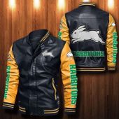 NRL South Sydney Rabbitohs Black Yellow Leather Bomber Jacket