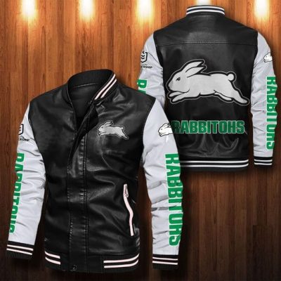 NRL South Sydney Rabbitohs Black White Leather Bomber Jacket
