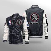 NBA Toronto Raptors Black White Leather Bomber Jacket