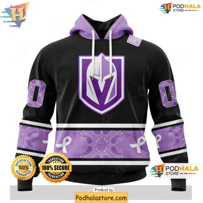 Vegas Golden Knights 3D Hoodie, Hockey Fights Lavender Cancer Purple Black Apparel