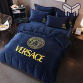 Versace Deep Blue Fashion Logo Luxury Brand Bedding Set Home Decor