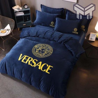 Versace Deep Blue Fashion Logo Luxury Brand Bedding Set Home Decor