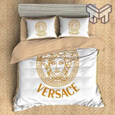Versace White Golden Logo Luxury Brand High-End Bedding Set Home Decor