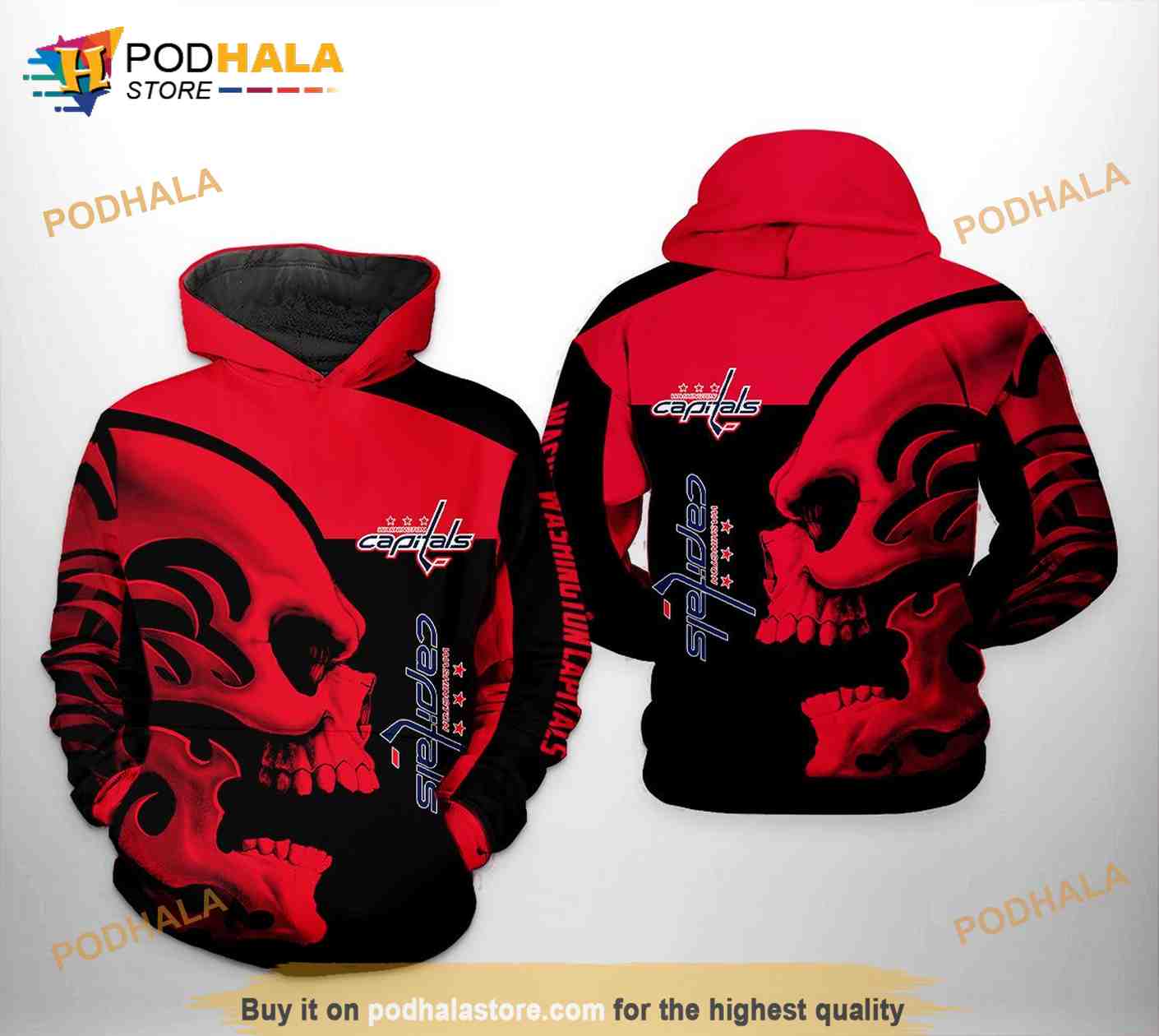 Washington Capitals NHL Skull All Over Print 3D Hoodie Washington Capitals NHL Skull All Over Print 3D Hoodie
