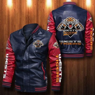 NRL Wests Tigers Navy Blue Red Leather Bomber Jacket