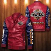 NRL Wests Tigers Red Navy Blue Leather Bomber Jacket