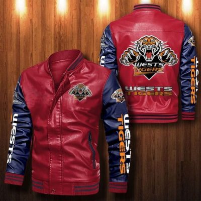 NRL Wests Tigers Red Navy Blue Leather Bomber Jacket