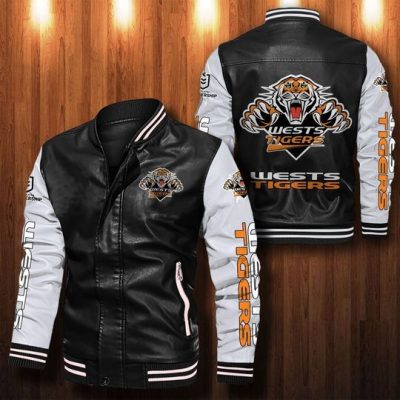 NRL Wests Tigers Black White Leather Bomber Jacket