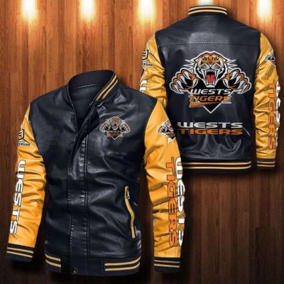 NRL Wests Tigers Black Yellow Leather Bomber Jacket