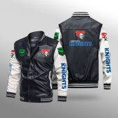 NRL Newcastle Knights Black White Leather Bomber Jacket