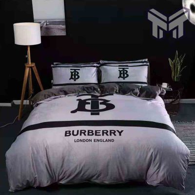 Burberry Bedding Sets, Burberry Grey Luxury Logo Fashion Brand Premium Bedding Set Home Decor